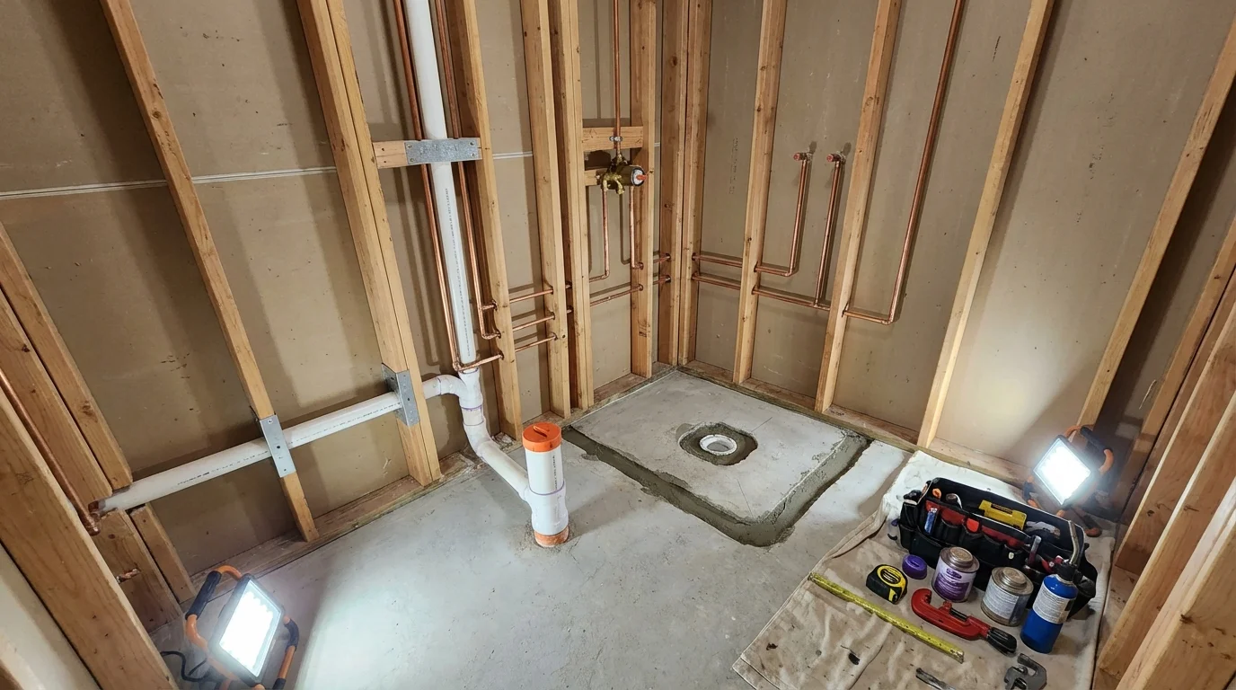 Bathroom rough-in plumbing during remodel by Johns Plumbing LLC in Princeton Junction