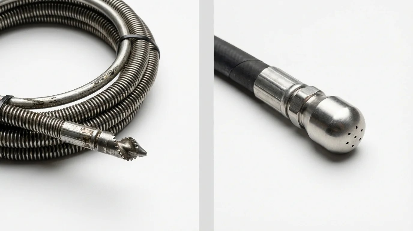 Drain snake cable and hydro jetting nozzle used for drain cleaning in Princeton Junction, NJ