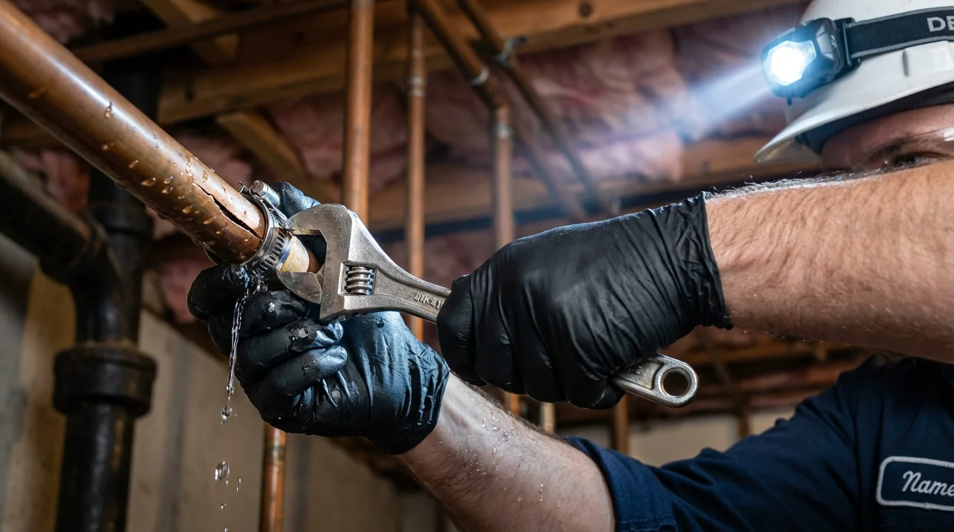 Emergency pipe clamp repair being performed by a Johns Plumbing LLC plumber in Princeton Junction
