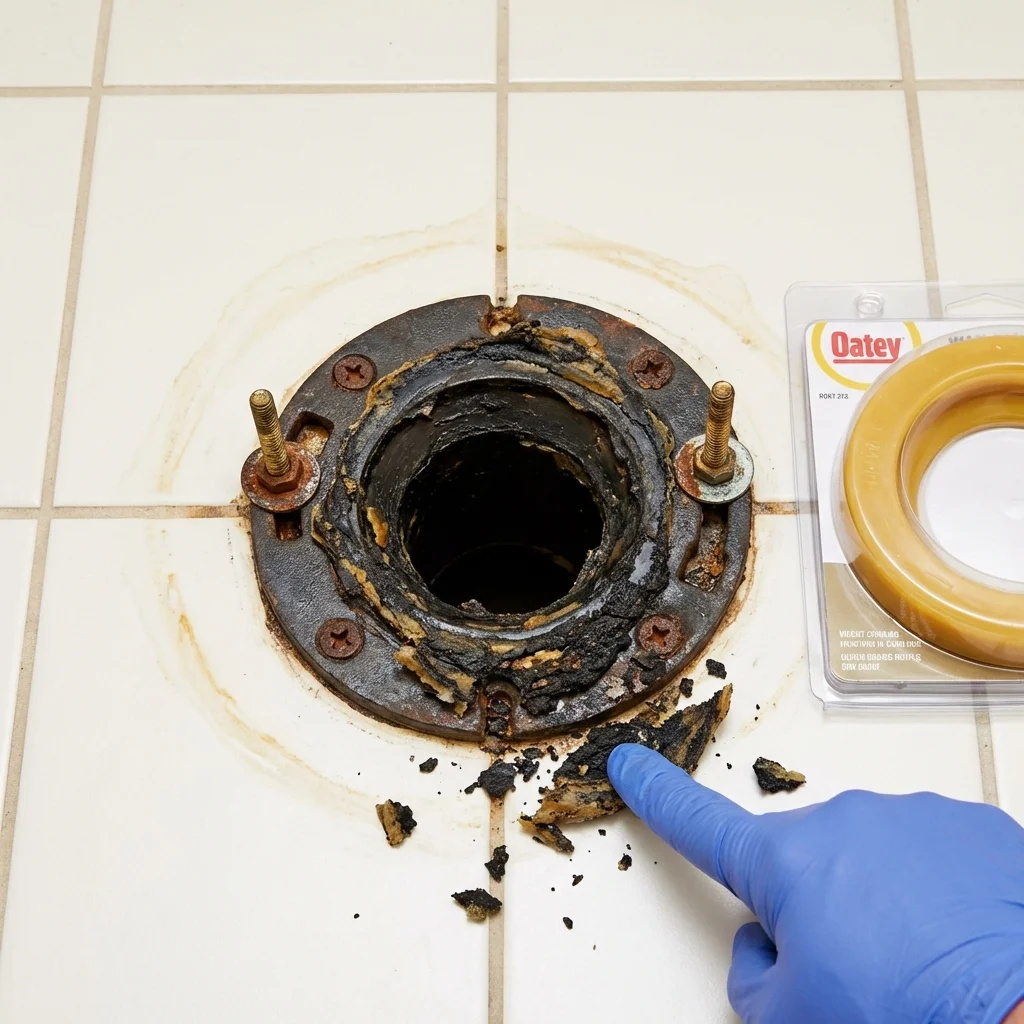 Failed wax ring showing water seepage at the base of a toilet in a Princeton Junction, NJ home