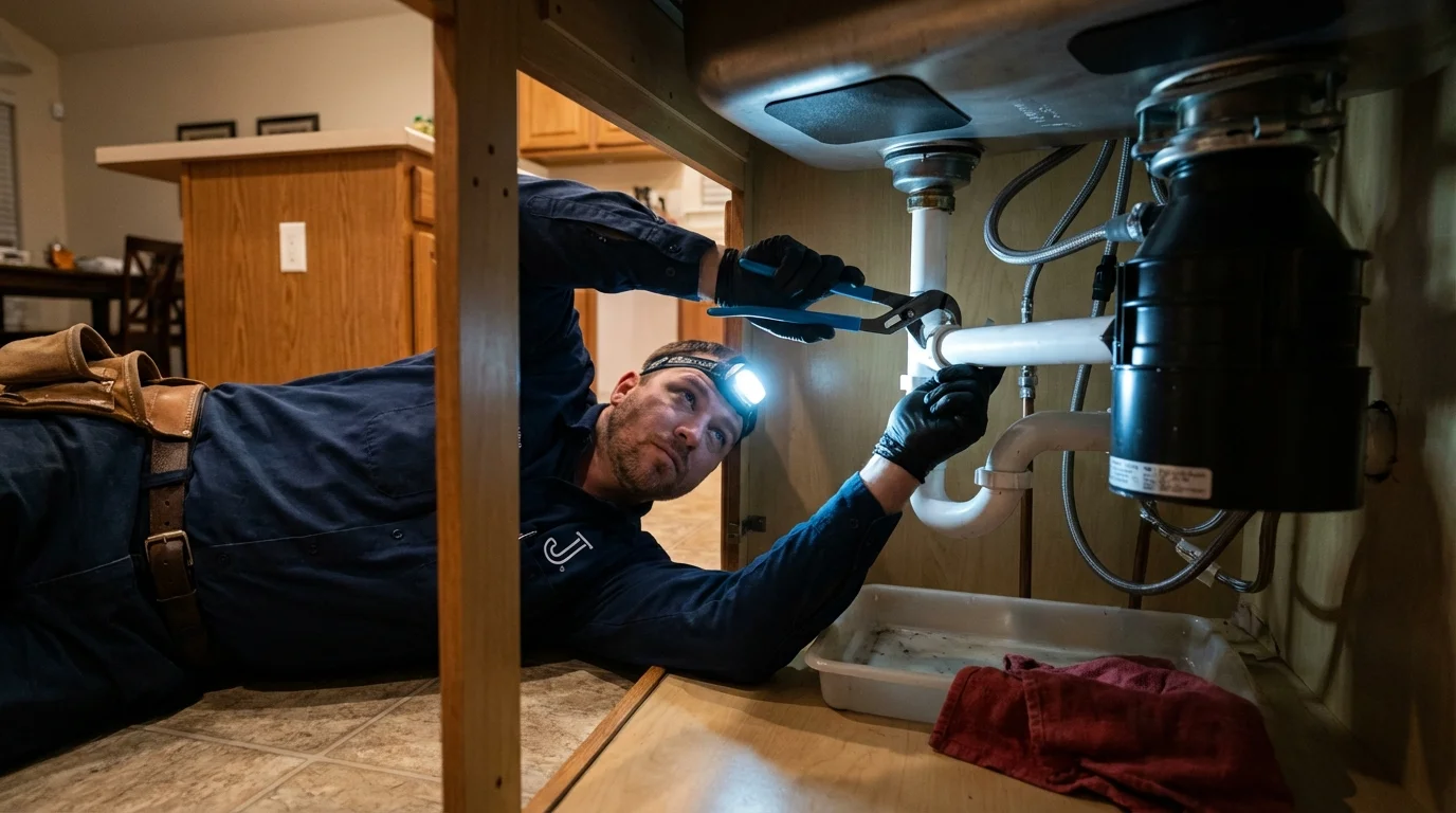 P-trap and supply line connections under a kitchen sink showing a common leak point in Princeton Junction, NJ